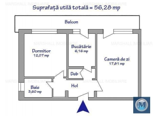 Apartament 2 camere de vanzare, zona Postei - Bucov, 56.28 mp