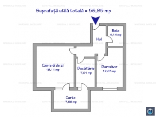 Apartament 2 camere de vanzare, zona Central, 56.95 mp
