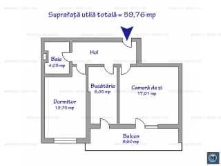 Apartament 2 camere de vanzare, zona Central, 59.76 mp