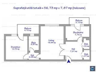 Apartament 2 camere de inchiriat, zona Ultracentral, 64.6 mp