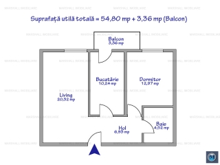 Apartament 2 camere de vanzare, zona Nord, 54.80 mp