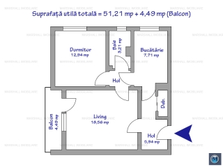 Apartament 2 camere de vanzare, zona Vest, 51.21 mp