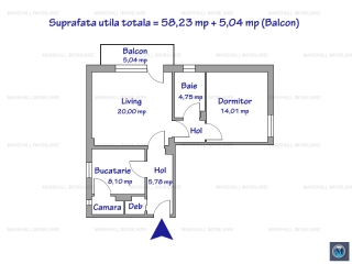 Apartament 2 camere de vanzare, zona Central, 58,23 mp