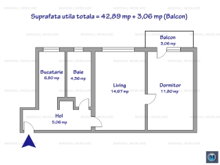 Apartament 2 camere de vanzare, zona Vest, 42,89 mp