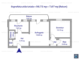 Apartament 2 camere de vanzare, zona Ultracentral, 56,72 mp