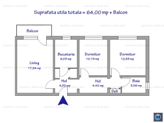 Apartament 3 camere de vanzare, zona Nord, 64,00 mp