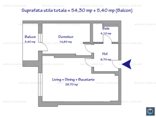 Apartament 2 camere de vanzare, zona Albert, 54,30  mp